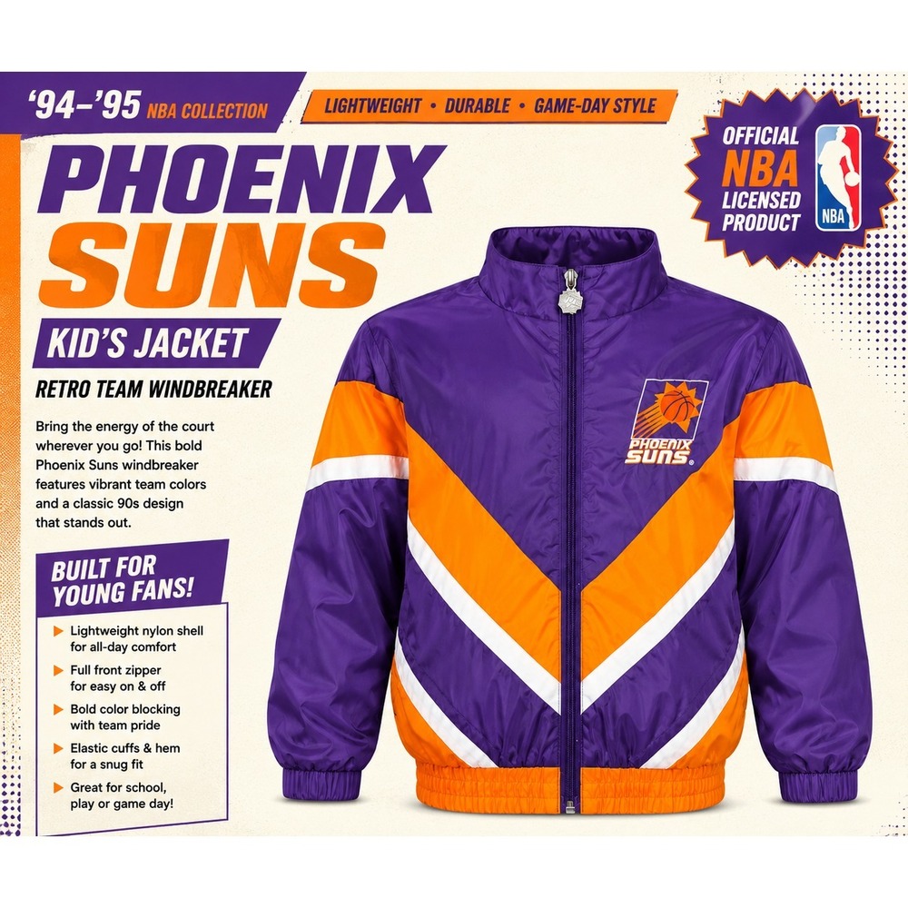 Vintage 90s Phoenix Suns NBA Windbreaker Jacket Purple Orange Youth Kids Small 8 - Picture 1 of 16